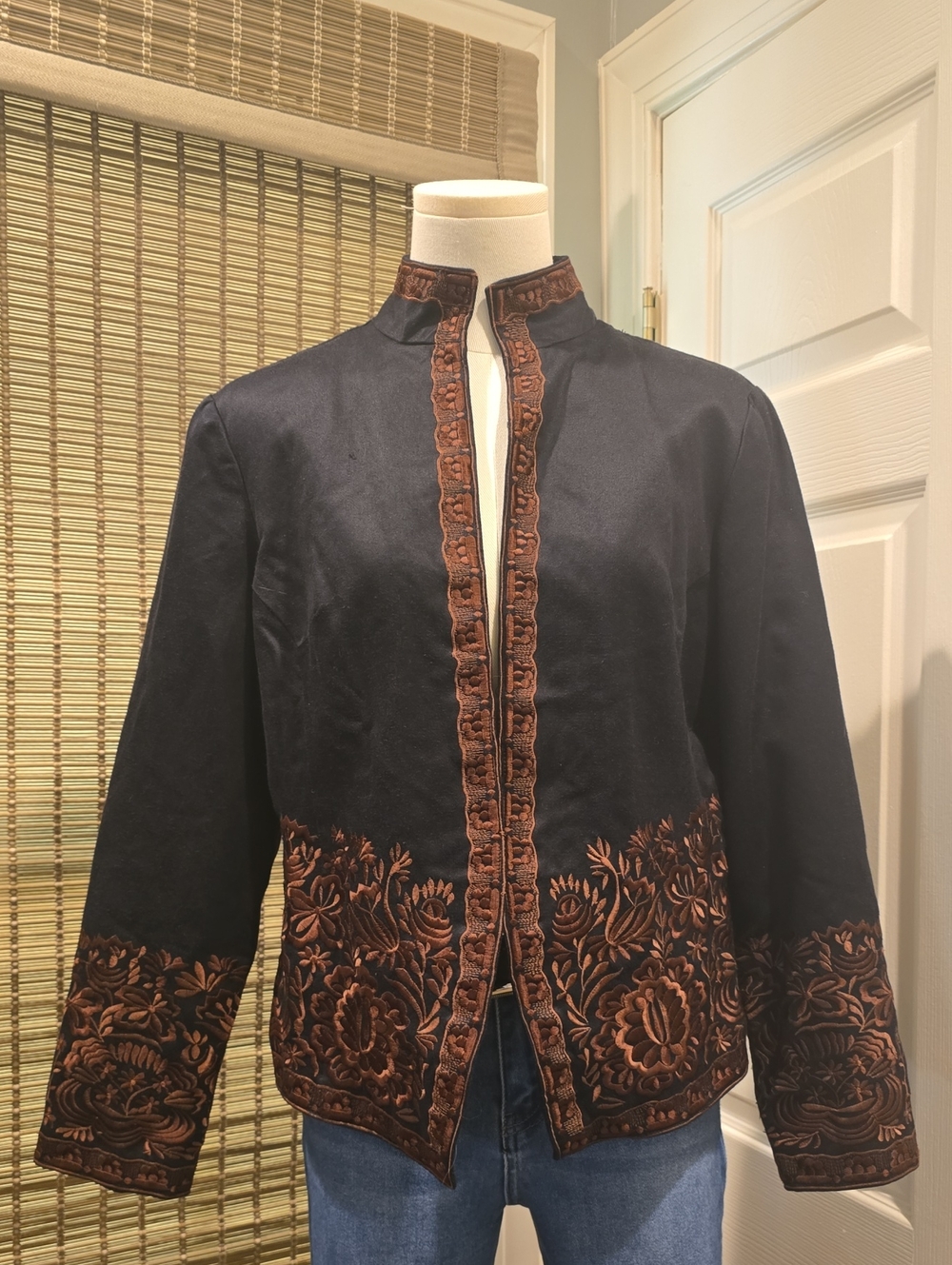 Coldwater Creek Black Jacket with Brown Embroidered Floral Trim